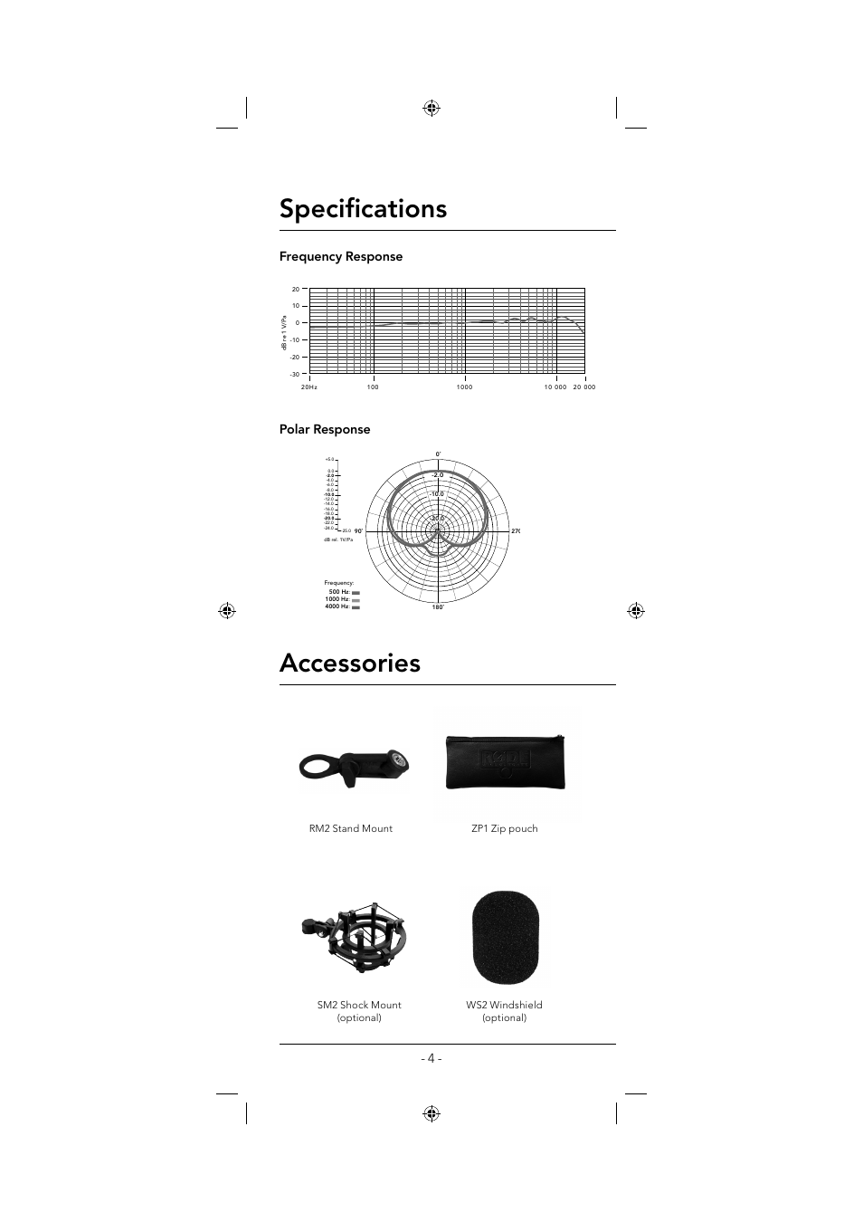 Specifi cations, Accessories, Frequency response polar response | RODE Microphones NT1000 User Manual | Page 4 / 8