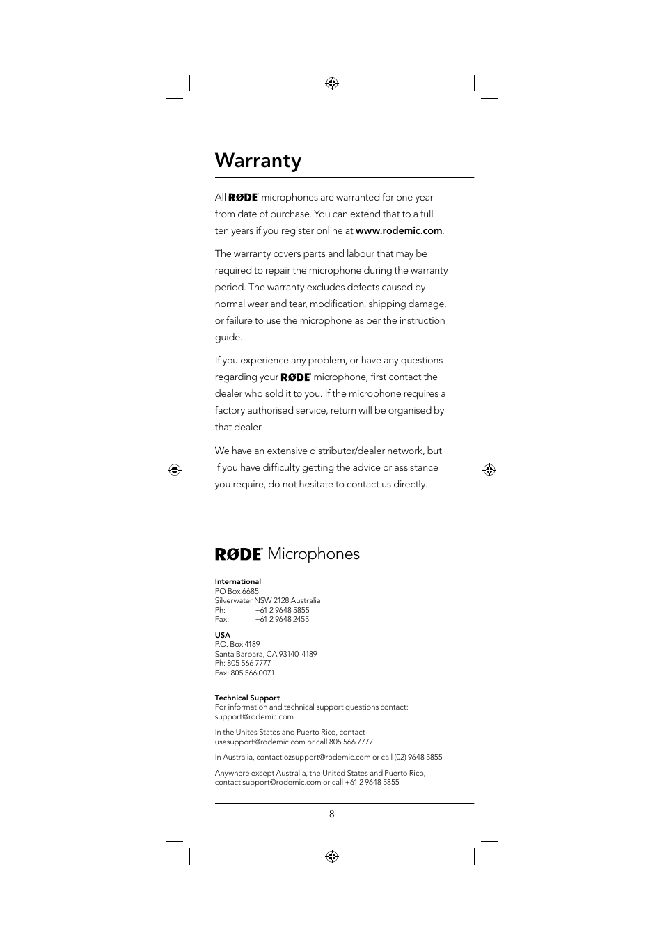 Warranty, Microphones | RODE Microphones NT1000 User Manual | Page 8 / 8