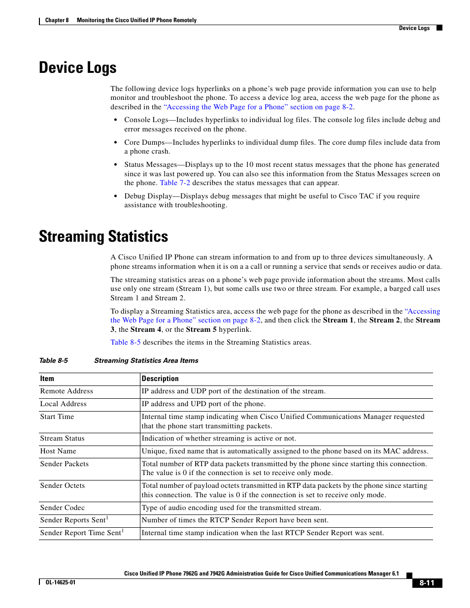 Device logs, Streaming statistics, Device logs” section on | N, see the | Cisco OL-14625-01 User Manual | Page 11 / 14