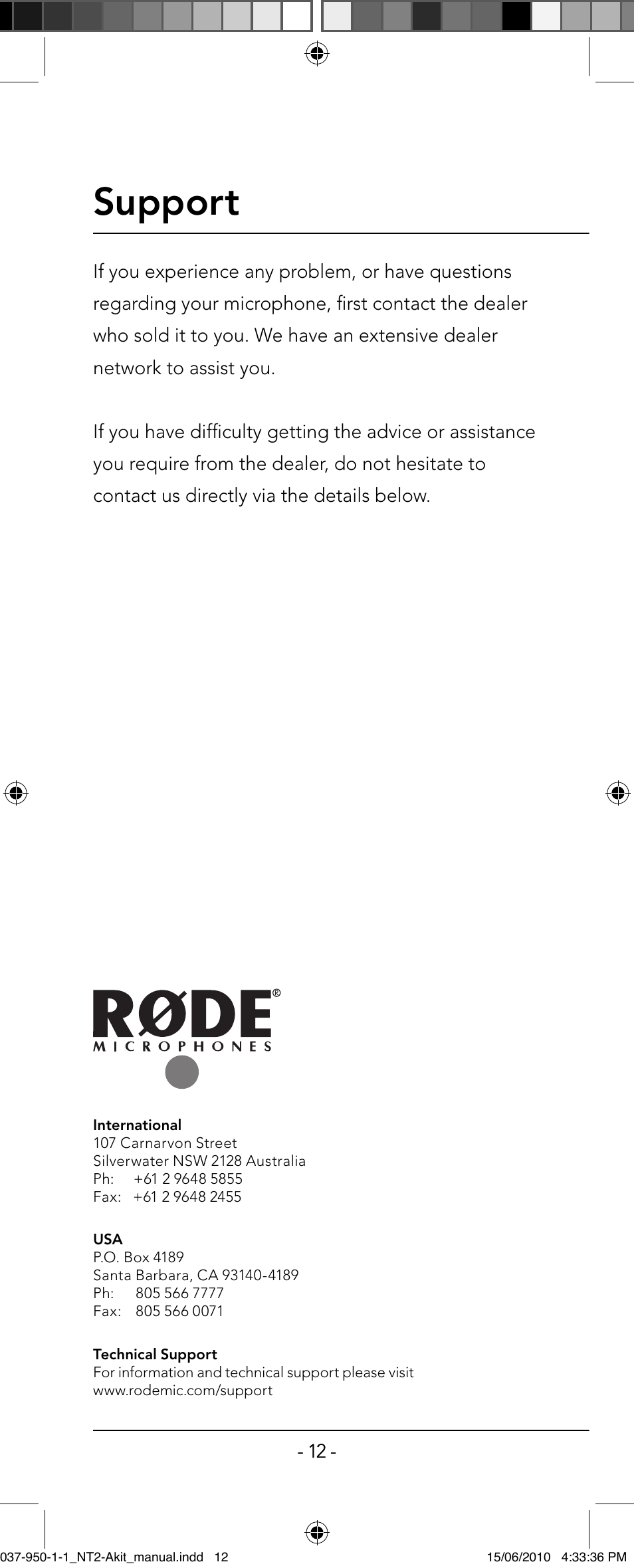 Support | RODE Microphones NT2-A User Manual | Page 12 / 12