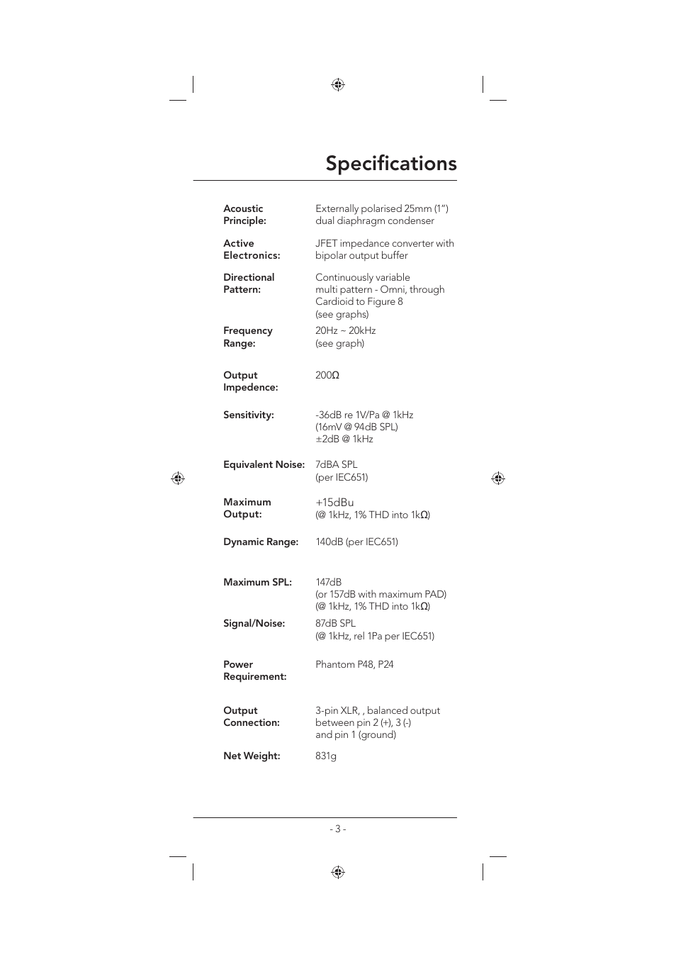 Specifi cations | RODE Microphones NT2000 User Manual | Page 3 / 12