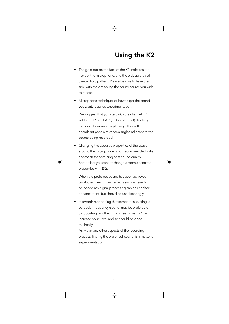 Using the k2 | RODE Microphones K2 User Manual | Page 11 / 16