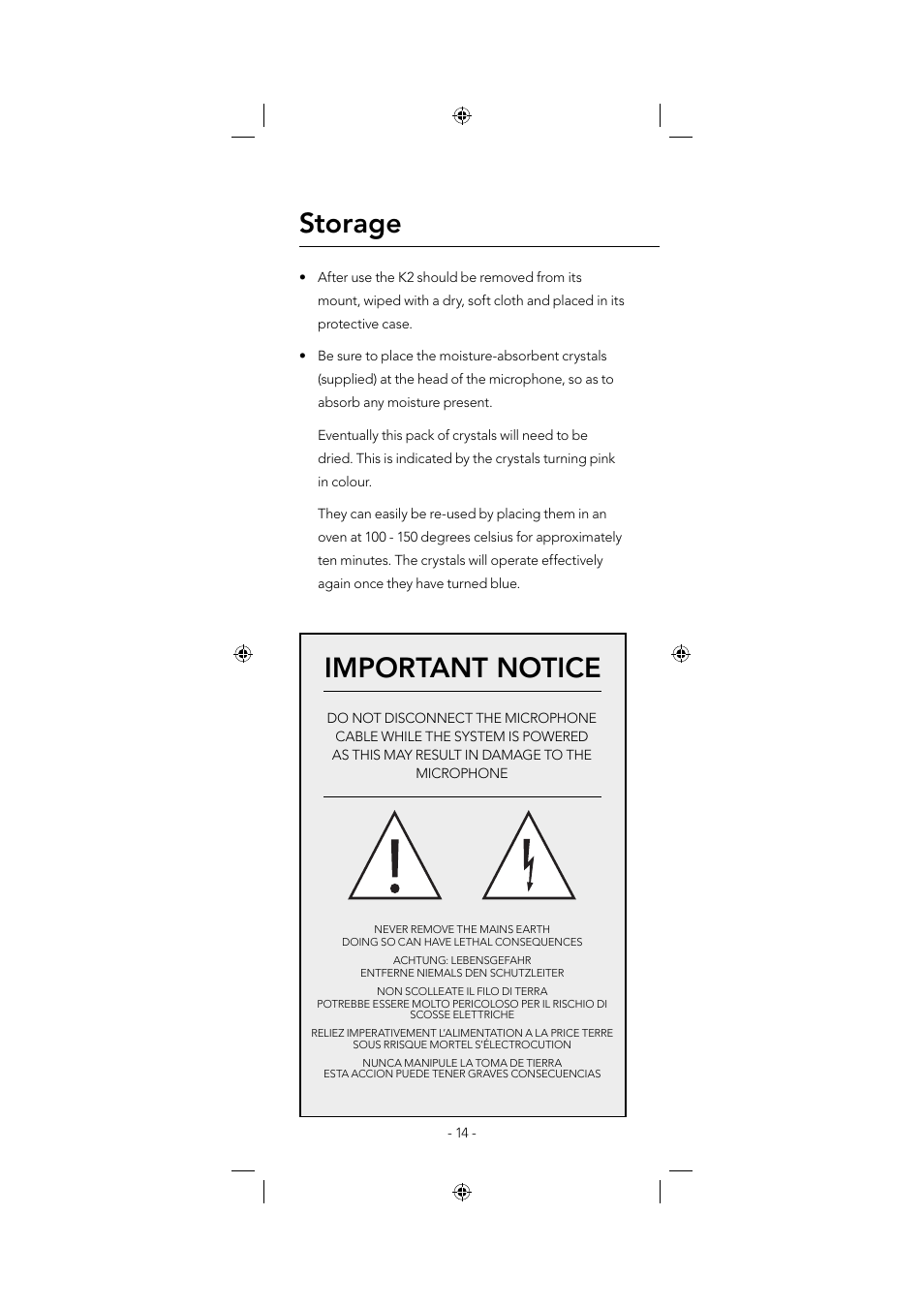 Storage, Important notice | RODE Microphones K2 User Manual | Page 14 / 16