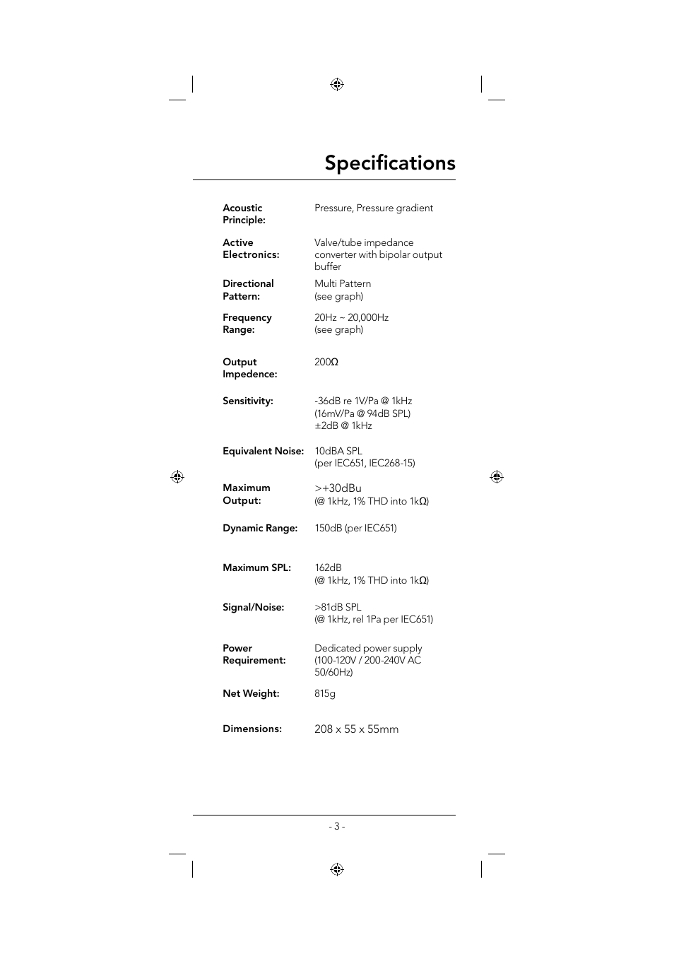 Specifi cations | RODE Microphones K2 User Manual | Page 3 / 16