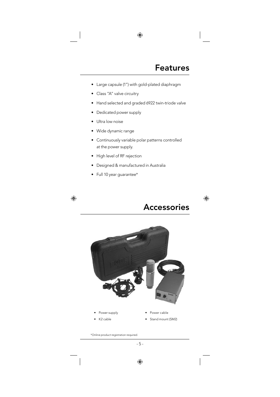 Features, Accessories | RODE Microphones K2 User Manual | Page 5 / 16