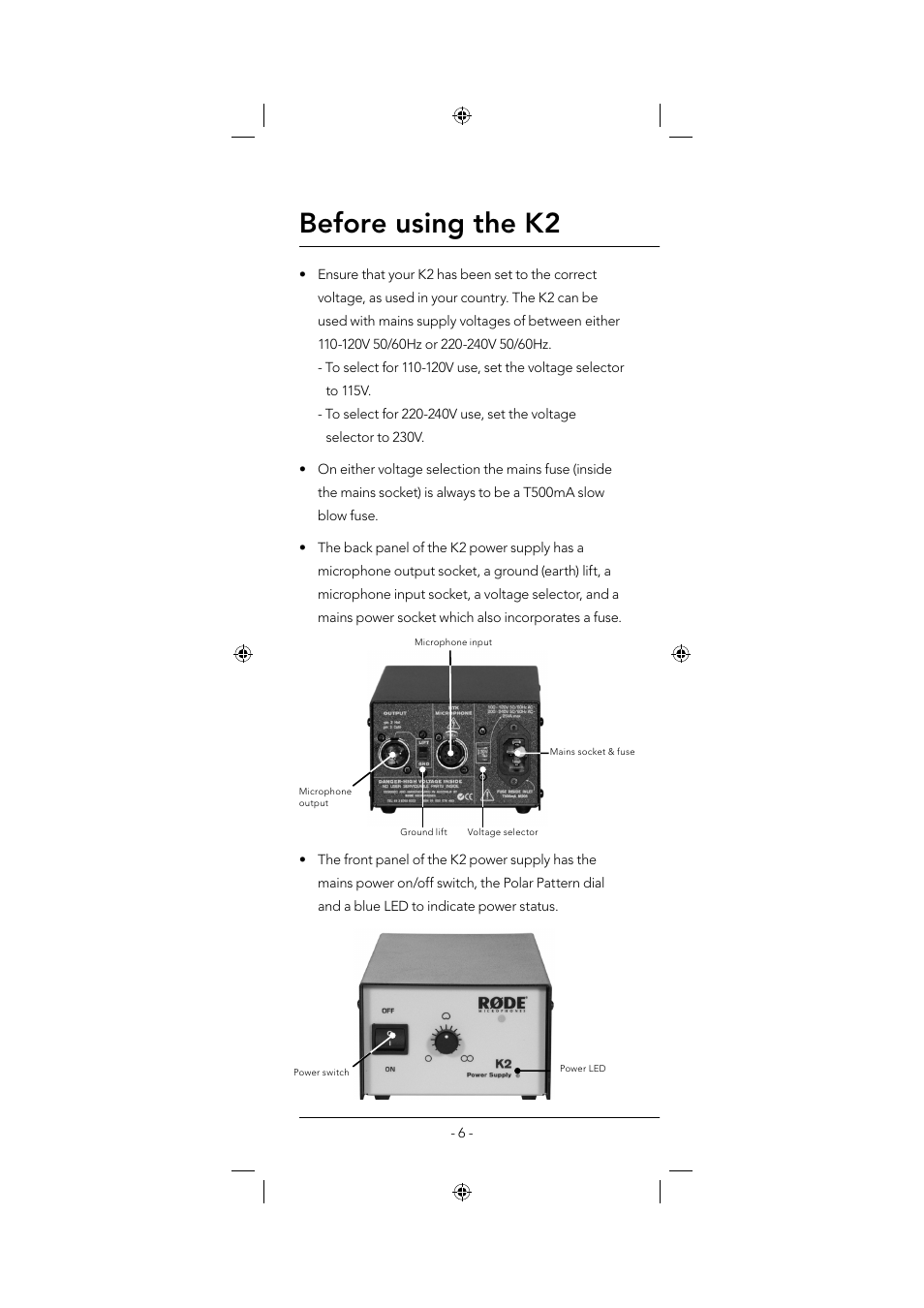 Before using the k2 | RODE Microphones K2 User Manual | Page 6 / 16