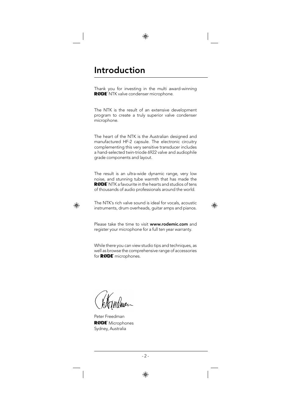 Introduction | RODE Microphones NTK User Manual | Page 2 / 12