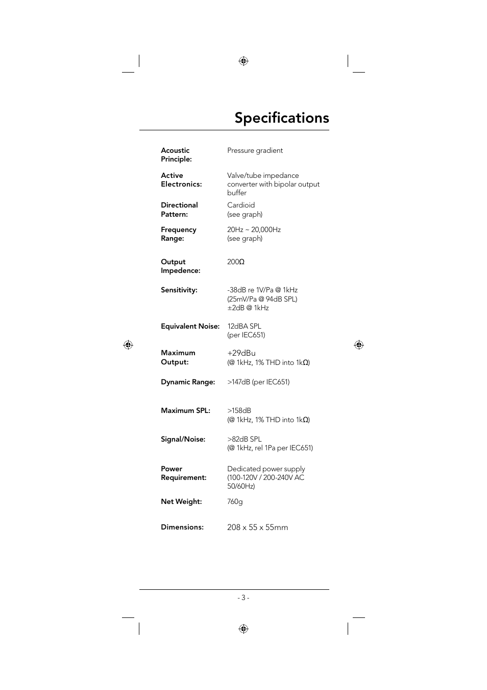 Specifi cations | RODE Microphones NTK User Manual | Page 3 / 12