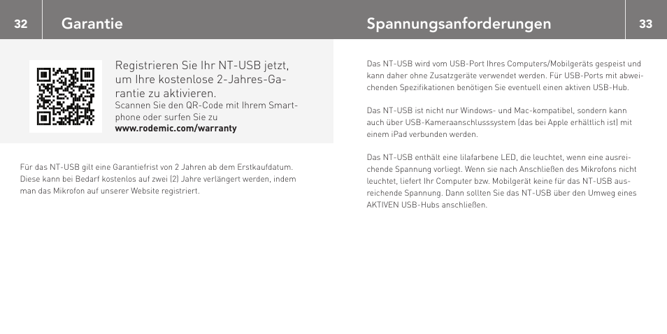 Spannungsanforderungen, Garantie | RODE Microphones NT-USB User Manual | Page 17 / 105