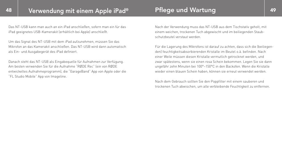 Verwendung mit einem apple ipad, Pflege und wartung | RODE Microphones NT-USB User Manual | Page 25 / 105