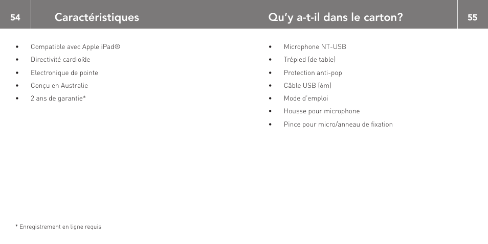 Caractéristiques, Qu’y a-t-il dans le carton | RODE Microphones NT-USB User Manual | Page 28 / 105