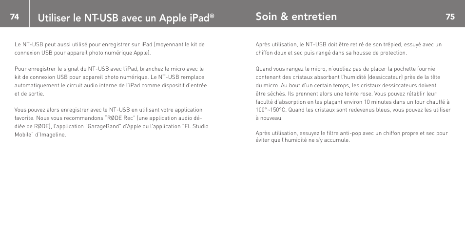 Utiliser le nt-usb avec un apple ipad, Soin & entretien | RODE Microphones NT-USB User Manual | Page 38 / 105