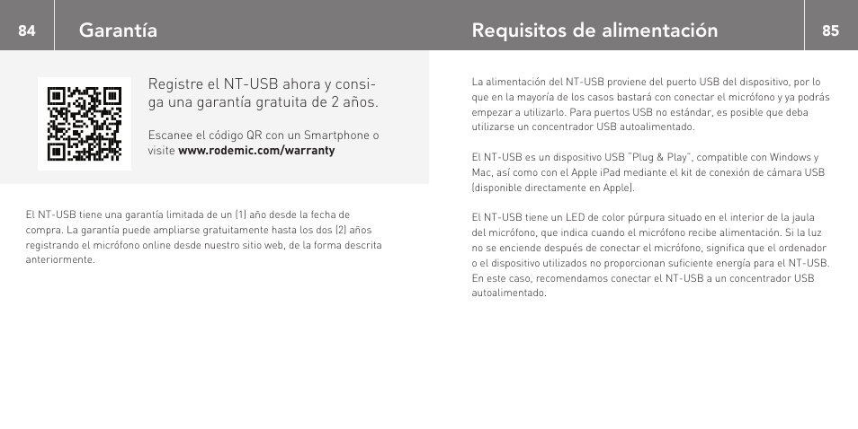 Garantía, Requisitos de alimentación | RODE Microphones NT-USB User Manual | Page 43 / 105