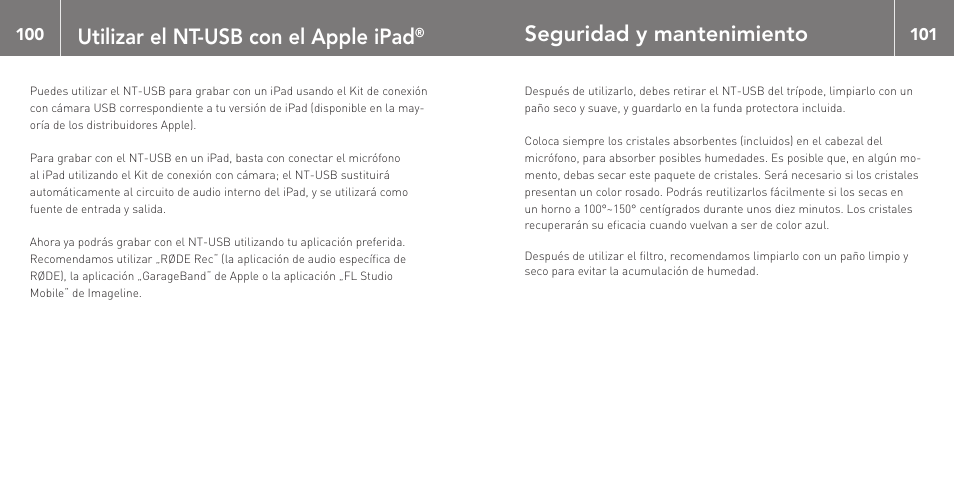 Utilizar el nt-usb con el apple ipad, Seguridad y mantenimiento | RODE Microphones NT-USB User Manual | Page 51 / 105