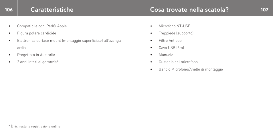 Caratteristiche, Cosa trovate nella scatola | RODE Microphones NT-USB User Manual | Page 54 / 105