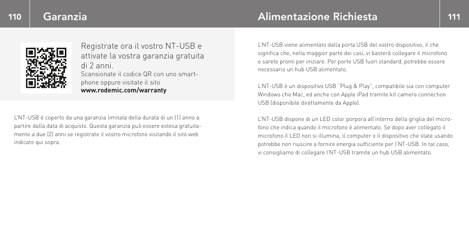 Garanzia, Alimentazione richiesta | RODE Microphones NT-USB User Manual | Page 56 / 105