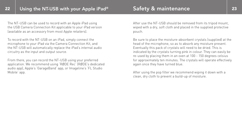 Safety & maintenance, Using the nt-usb with your apple ipad | RODE Microphones NT-USB User Manual | Page 12 / 13