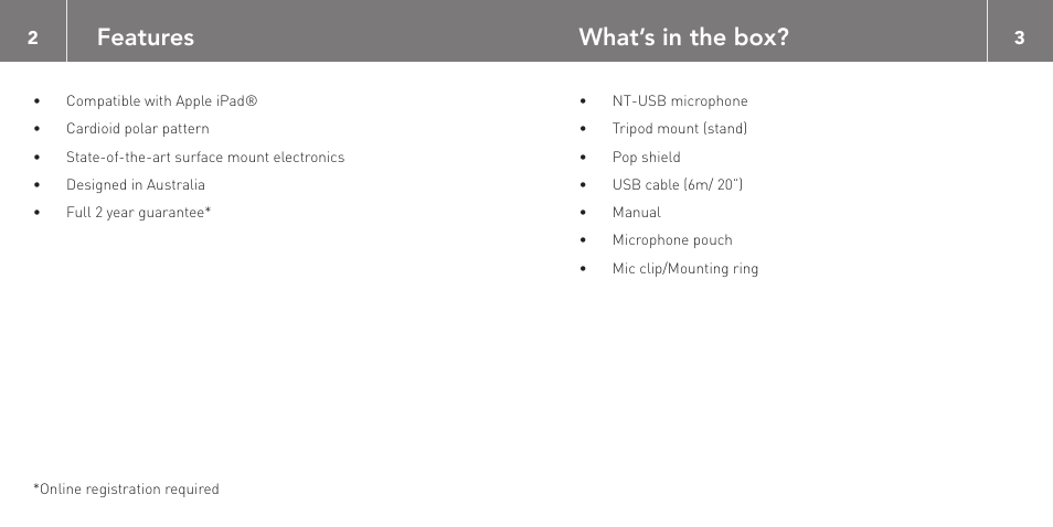 Features what’s in the box | RODE Microphones NT-USB User Manual | Page 2 / 13