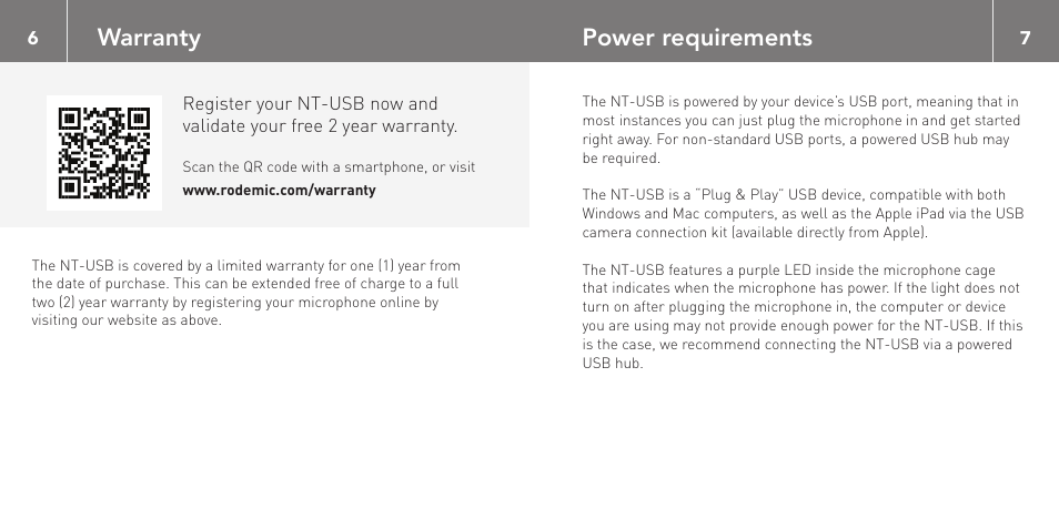 Power requirements, Warranty | RODE Microphones NT-USB User Manual | Page 4 / 13