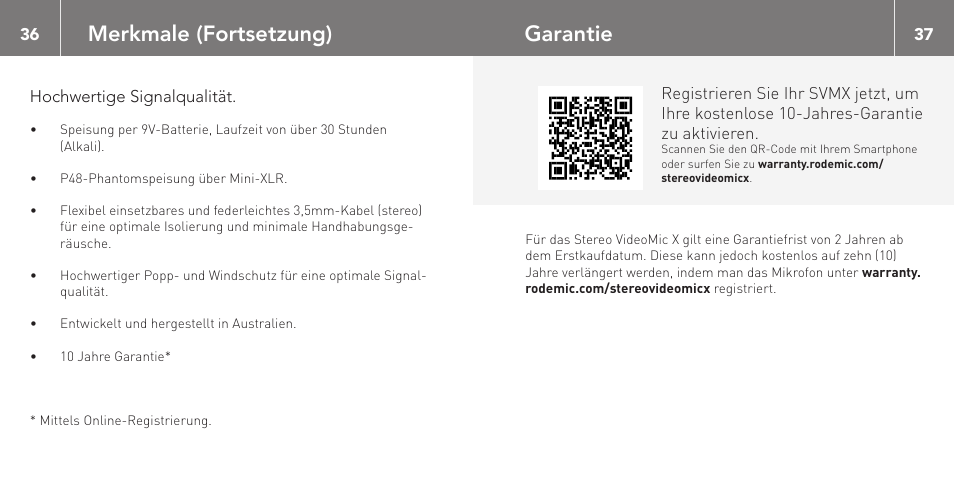 Merkmale (fortsetzung), Garantie | RODE Microphones Stereo VideoMic X User Manual | Page 19 / 129