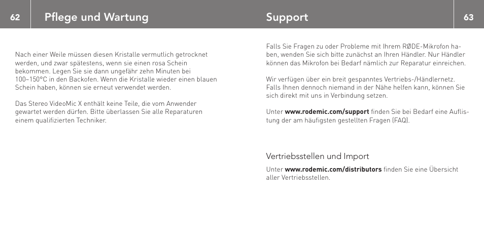 Pflege und wartung, Support | RODE Microphones Stereo VideoMic X User Manual | Page 32 / 129