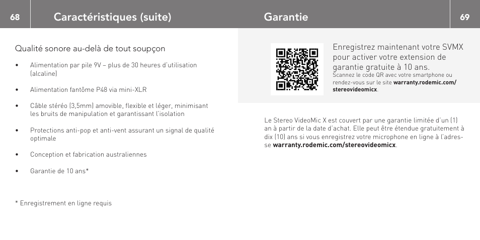 Caractéristiques (suite), Garantie | RODE Microphones Stereo VideoMic X User Manual | Page 35 / 129