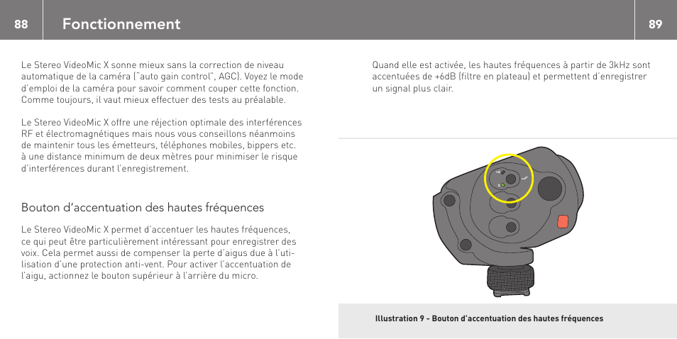 Fonctionnement, Bouton d’accentuation des hautes fréquences | RODE Microphones Stereo VideoMic X User Manual | Page 45 / 129