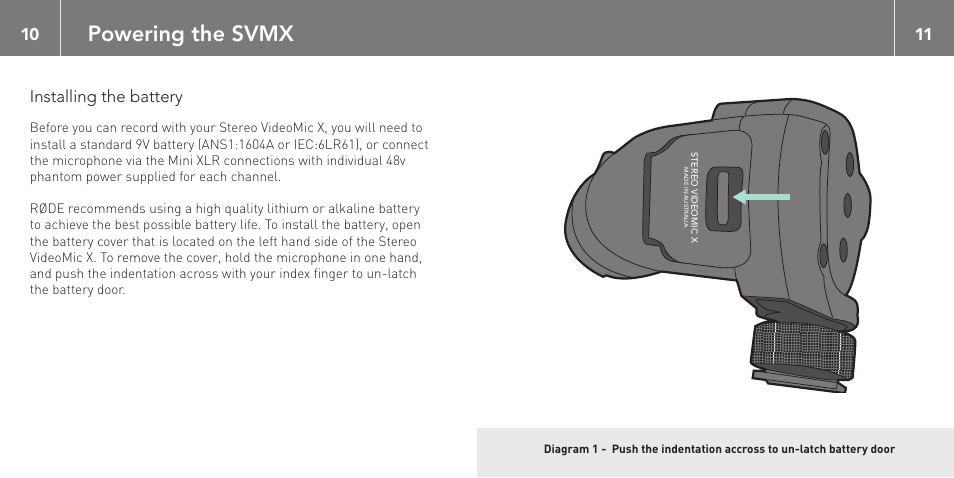 Powering the svmx, Installing the battery | RODE Microphones Stereo VideoMic X User Manual | Page 6 / 129