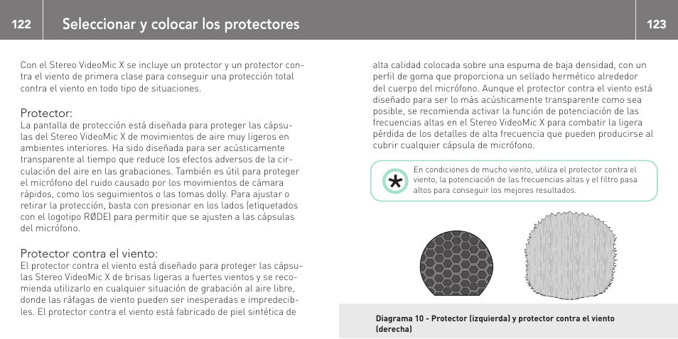 Seleccionar y colocar los protectores, Protector, Protector contra el viento | RODE Microphones Stereo VideoMic X User Manual | Page 62 / 129