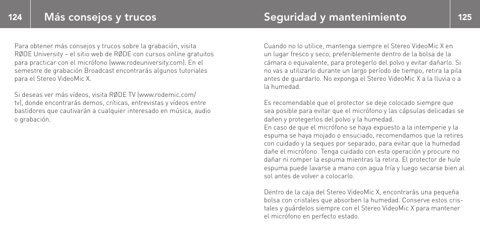 Más consejos y trucos, Seguridad y mantenimiento | RODE Microphones Stereo VideoMic X User Manual | Page 63 / 129