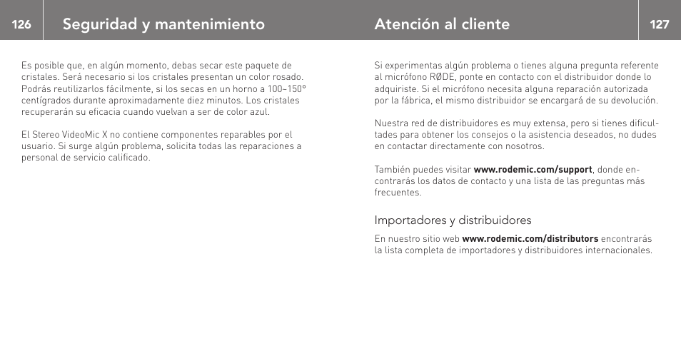 Seguridad y mantenimiento, Atención al cliente | RODE Microphones Stereo VideoMic X User Manual | Page 64 / 129