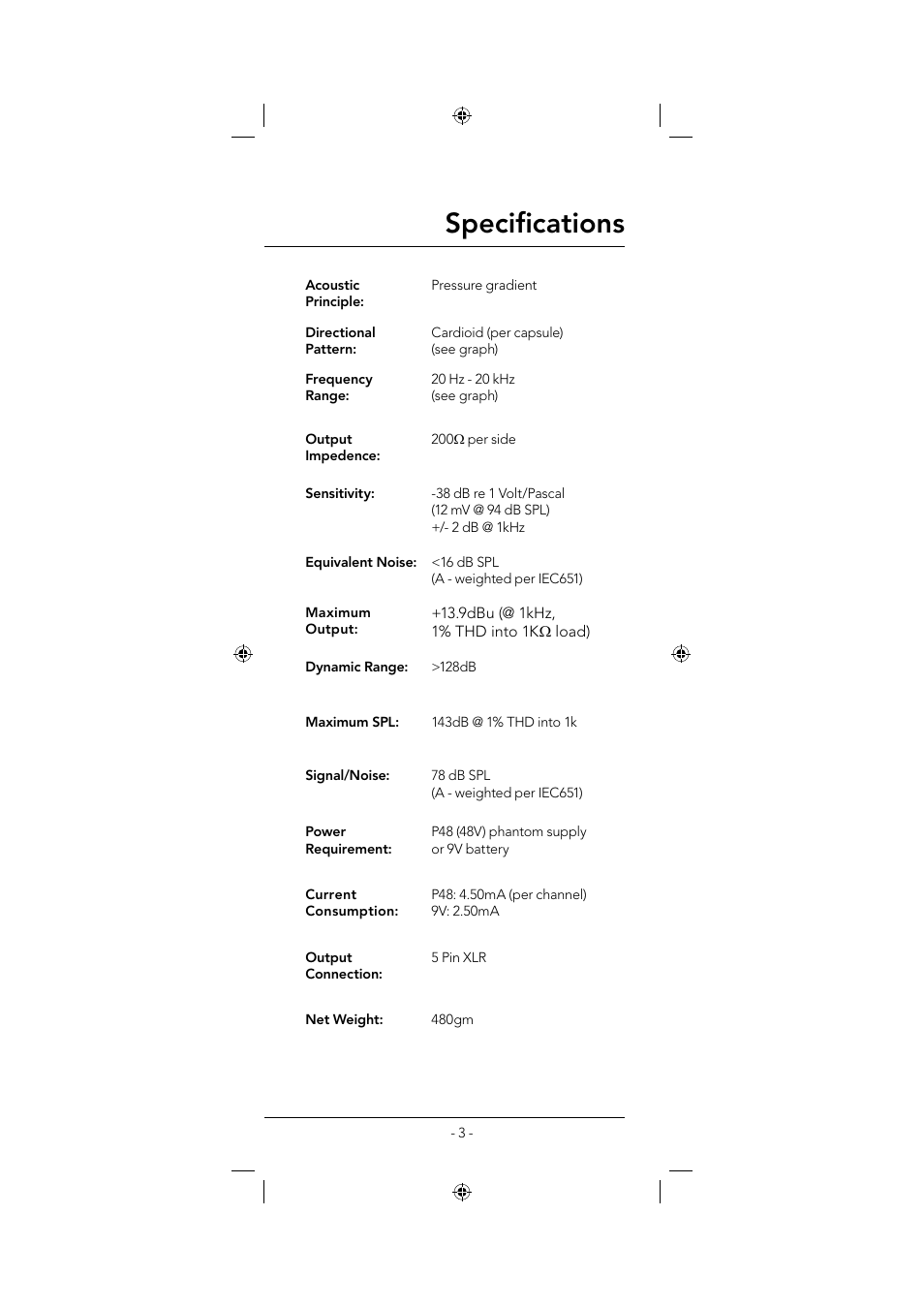 Specifi cations | RODE Microphones NT4 User Manual | Page 3 / 12