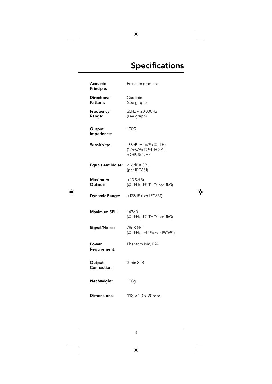 Specifi cations | RODE Microphones NT5 User Manual | Page 3 / 8