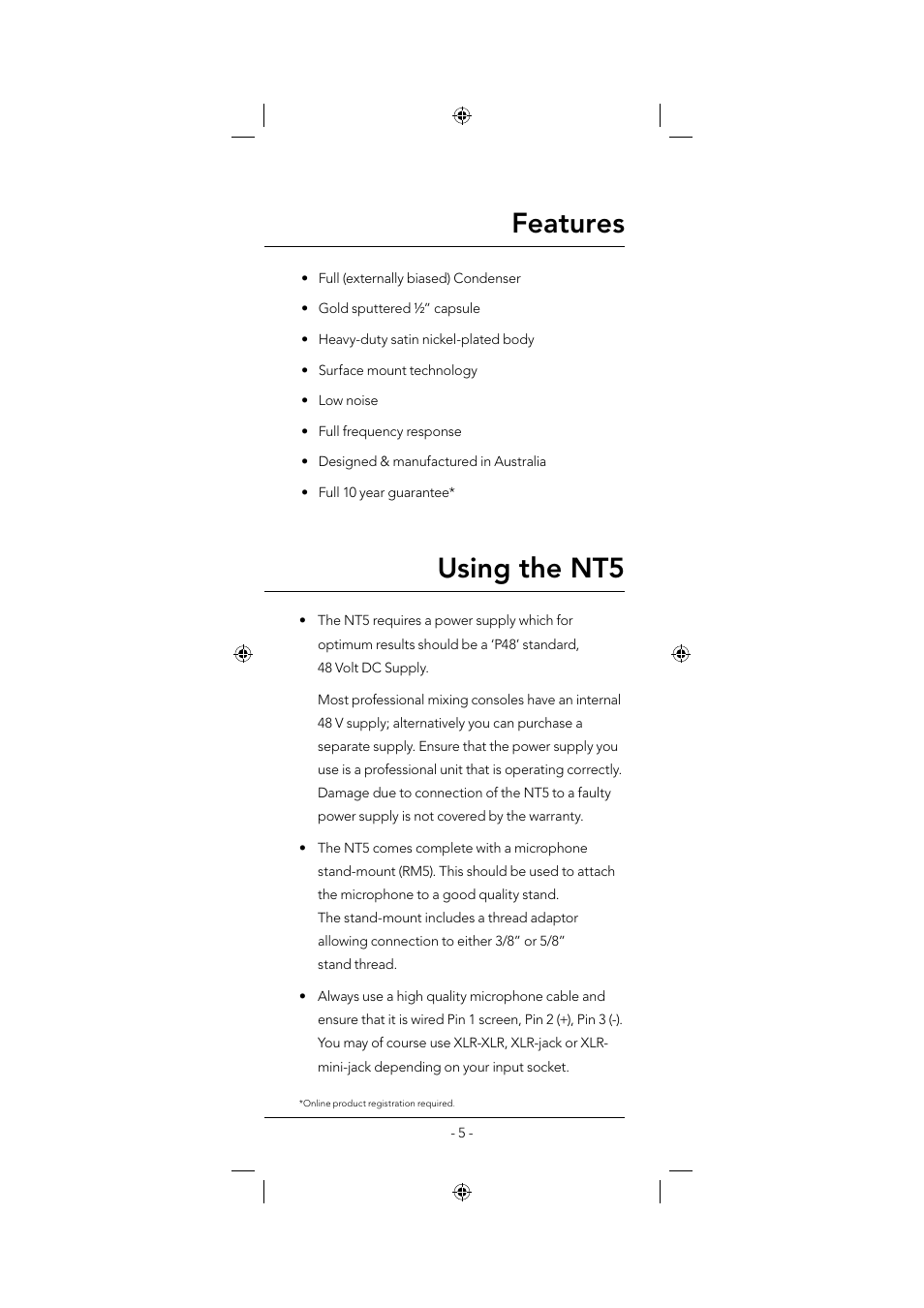 Features, Using the nt5 | RODE Microphones NT5 User Manual | Page 5 / 8