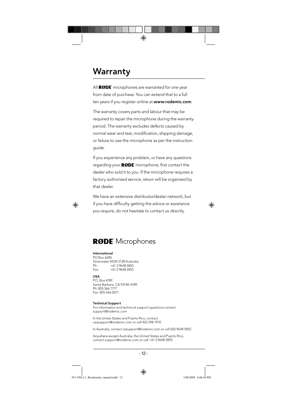 Warranty, Microphones | RODE Microphones Broadcaster User Manual | Page 12 / 12