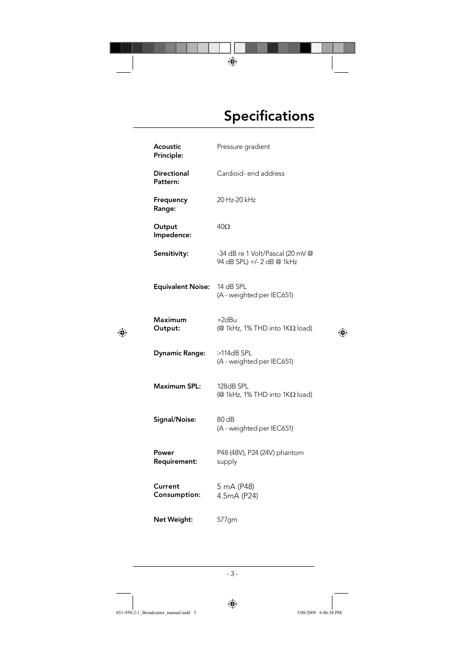 Specifi cations | RODE Microphones Broadcaster User Manual | Page 3 / 12