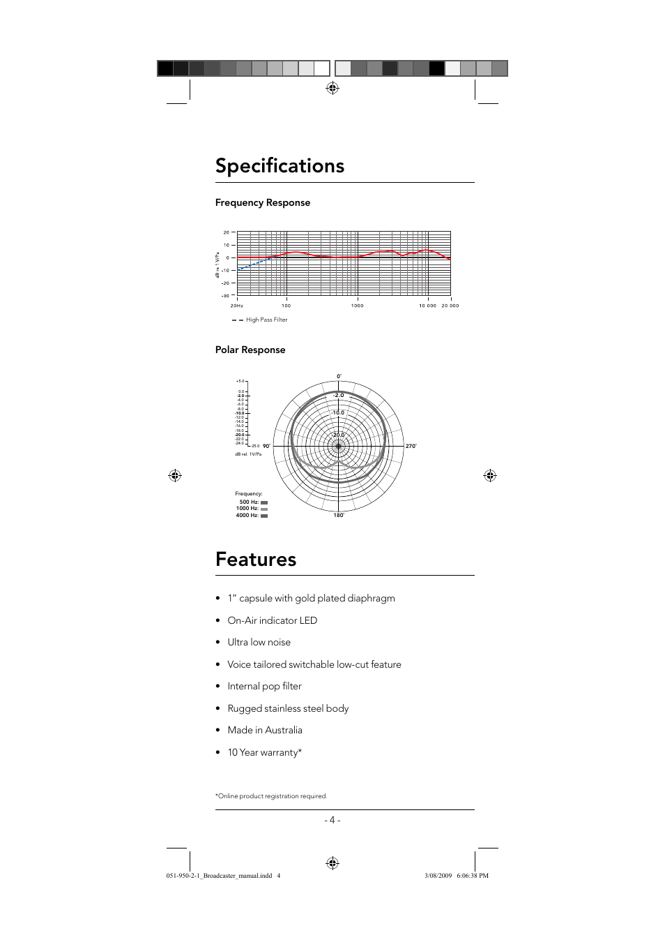 Specifi cations, Features | RODE Microphones Broadcaster User Manual | Page 4 / 12