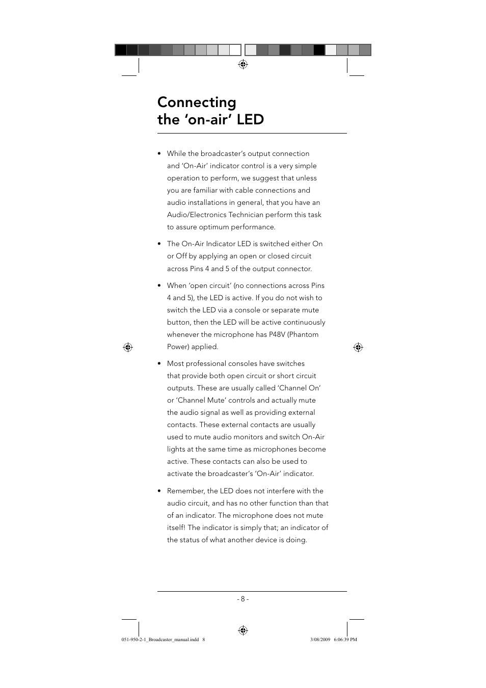 Connecting the ‘on-air’ led | RODE Microphones Broadcaster User Manual | Page 8 / 12