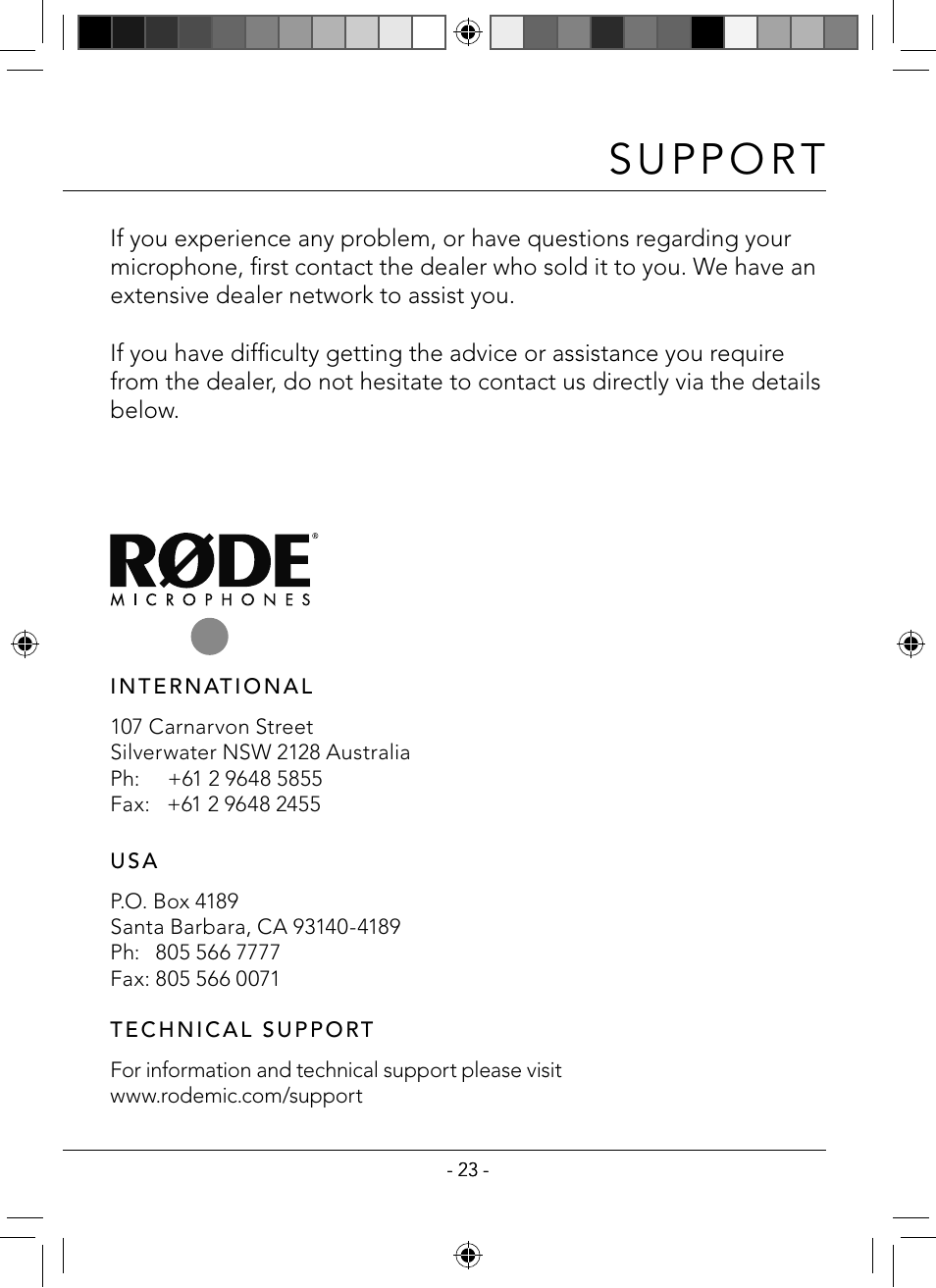 Su pp o r t | RODE Microphones HS1 User Manual | Page 23 / 24