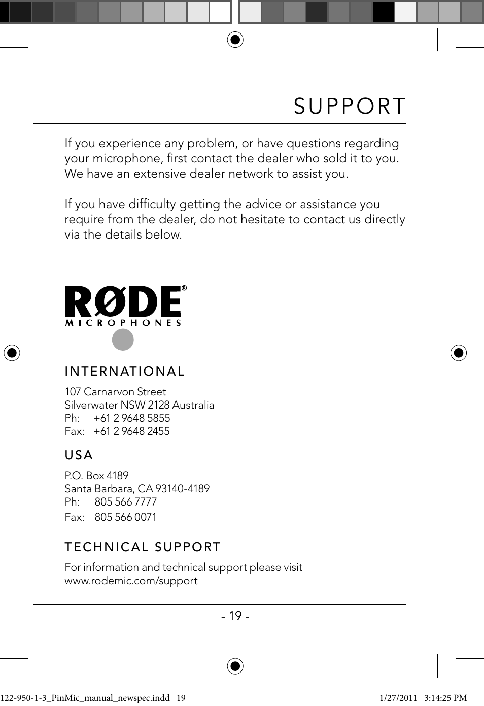 S u pp o r t | RODE Microphones PinMic User Manual | Page 19 / 20