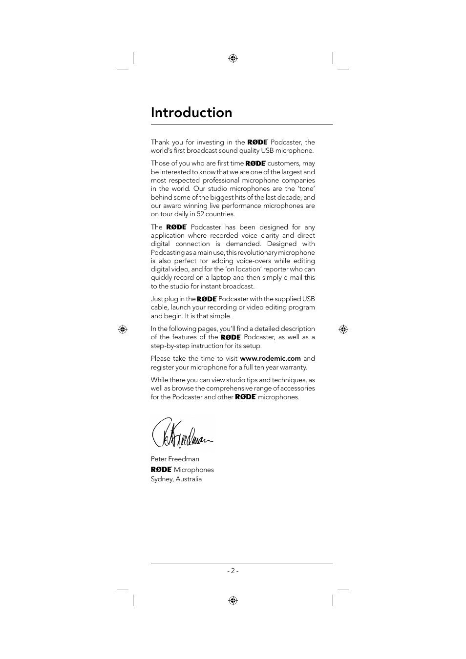 Introduction | RODE Microphones Podcaster User Manual | Page 2 / 12
