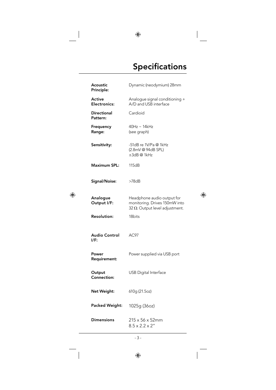 Specifi cations | RODE Microphones Podcaster User Manual | Page 3 / 12