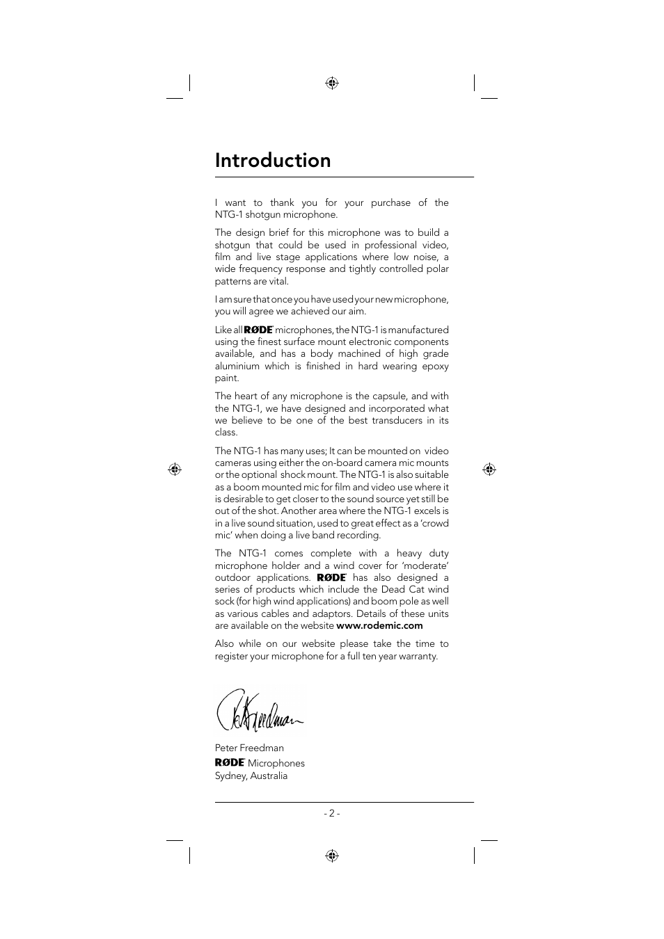 Introduction | RODE Microphones NTG1 User Manual | Page 2 / 8