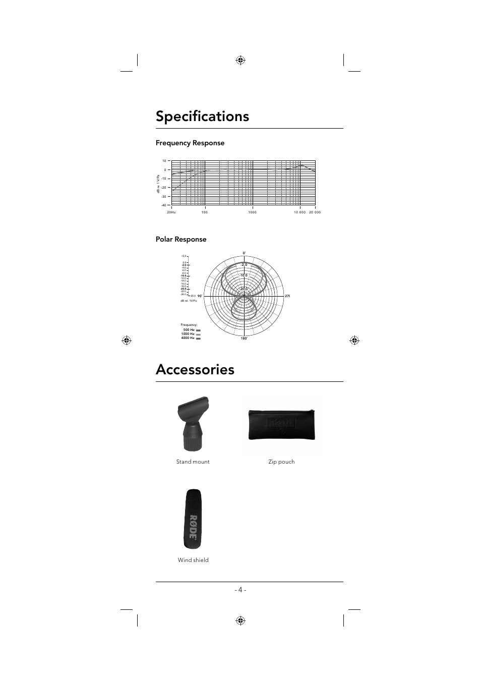 Specifi cations, Accessories, Frequency response polar response | RODE Microphones NTG1 User Manual | Page 4 / 8