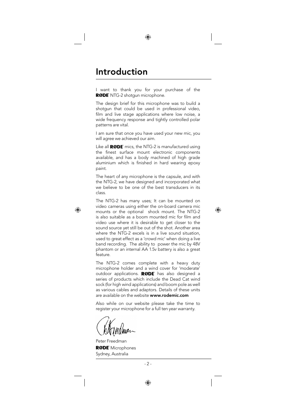 Introduction | RODE Microphones NTG2 User Manual | Page 2 / 8