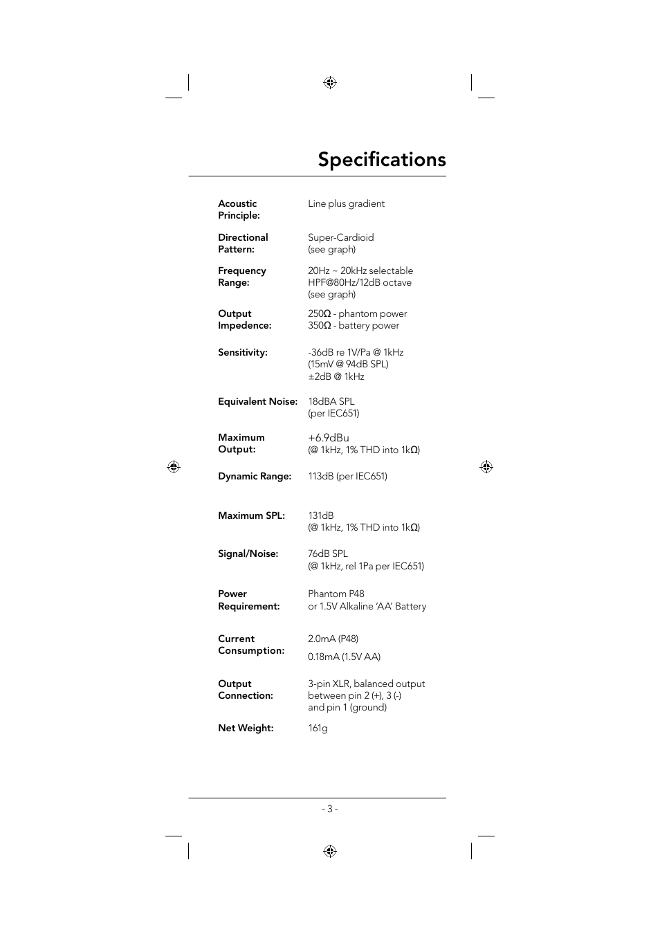Specifi cations | RODE Microphones NTG2 User Manual | Page 3 / 8