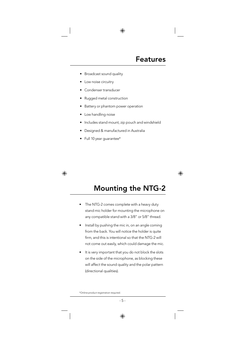 Features, Mounting the ntg-2 | RODE Microphones NTG2 User Manual | Page 5 / 8