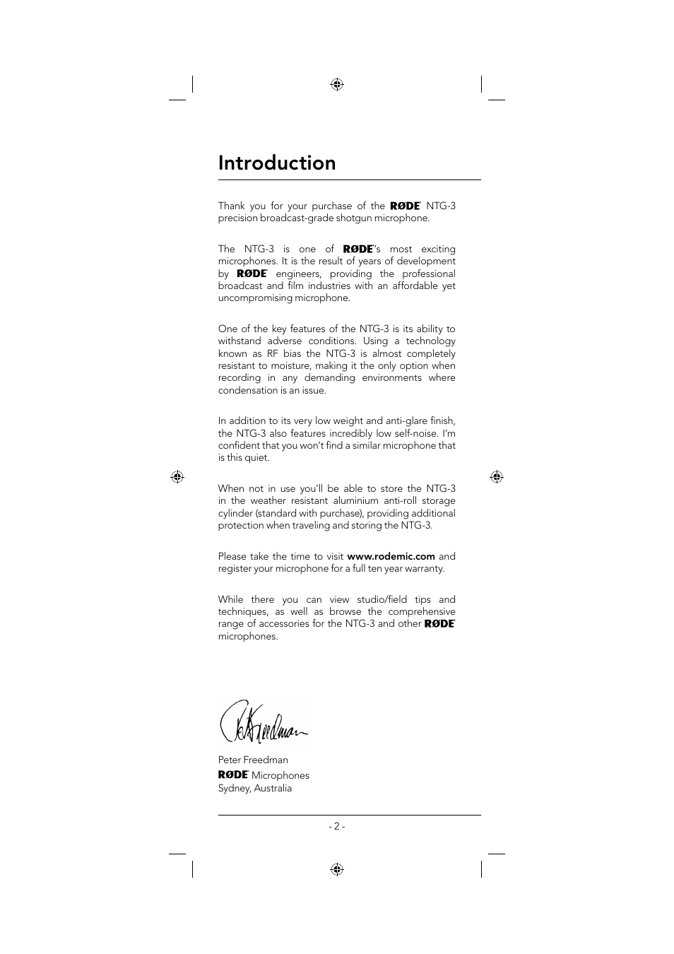 Introduction | RODE Microphones NTG3 User Manual | Page 2 / 8