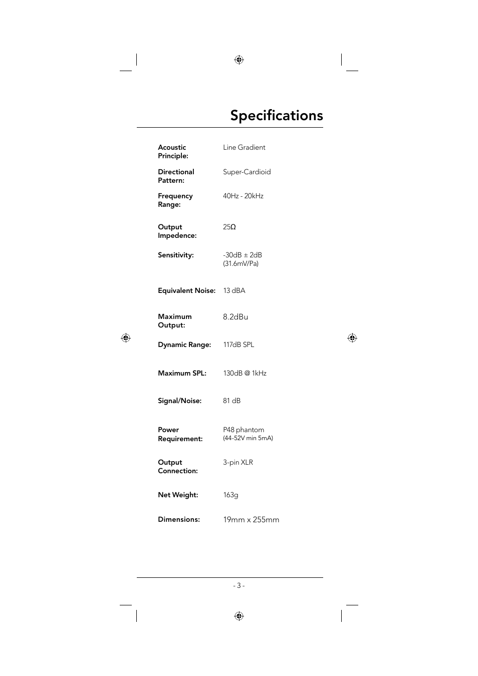 Specifi cations | RODE Microphones NTG3 User Manual | Page 3 / 8