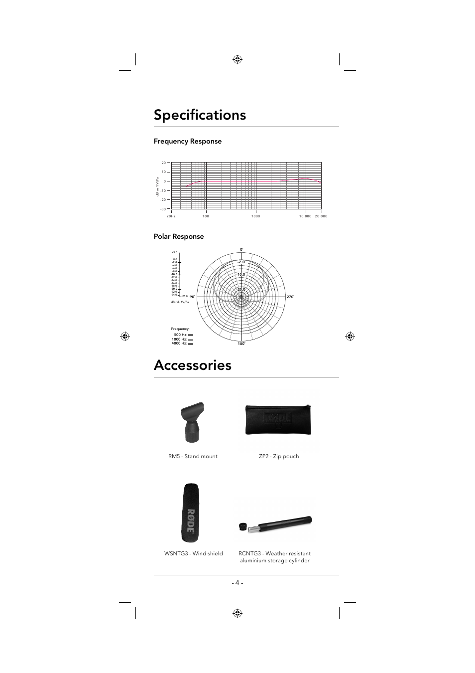 Specifi cations, Accessories, Frequency response polar response | RODE Microphones NTG3 User Manual | Page 4 / 8